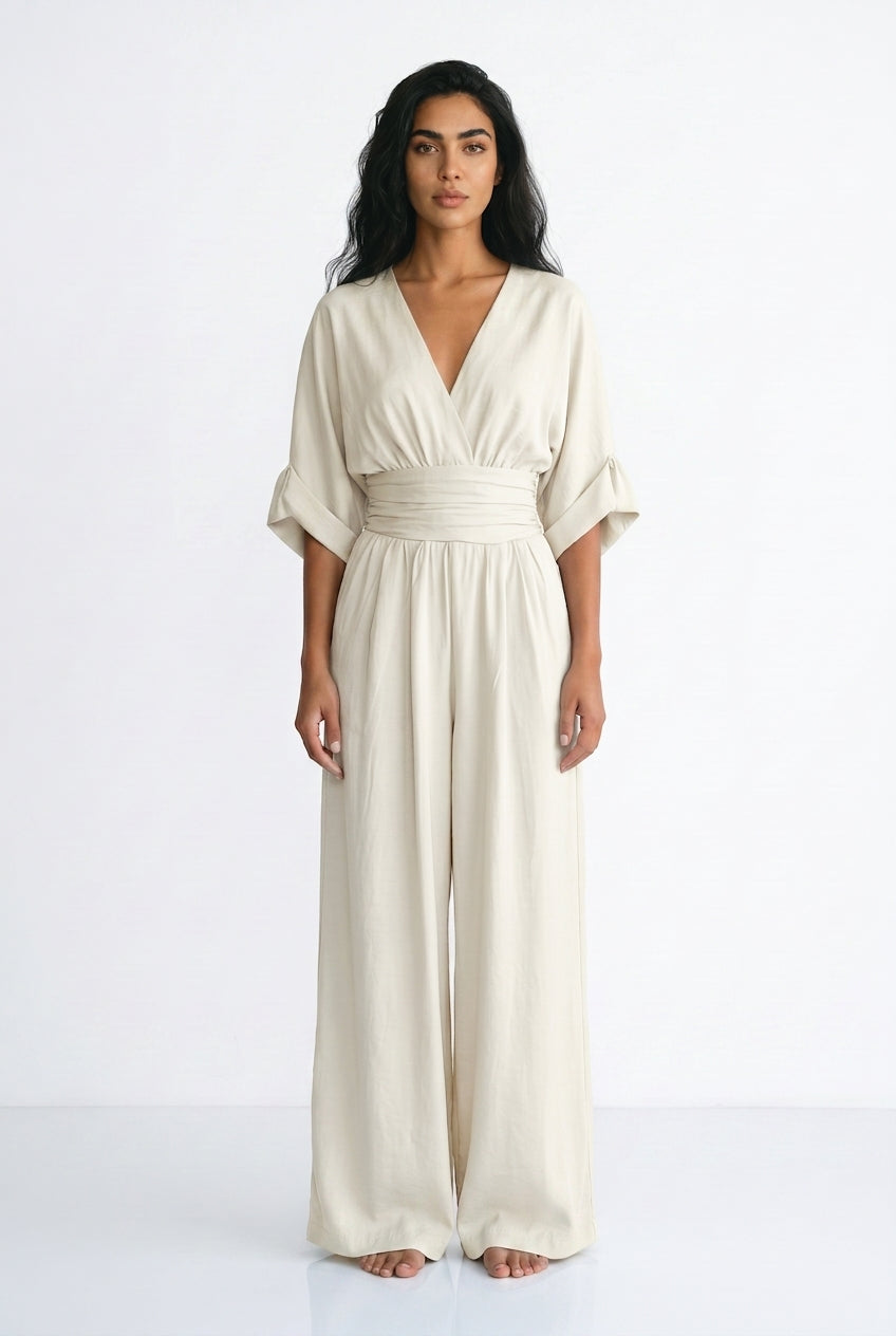 Women's Wide Leg Jumpsuit – V-Neck Belted Occasion