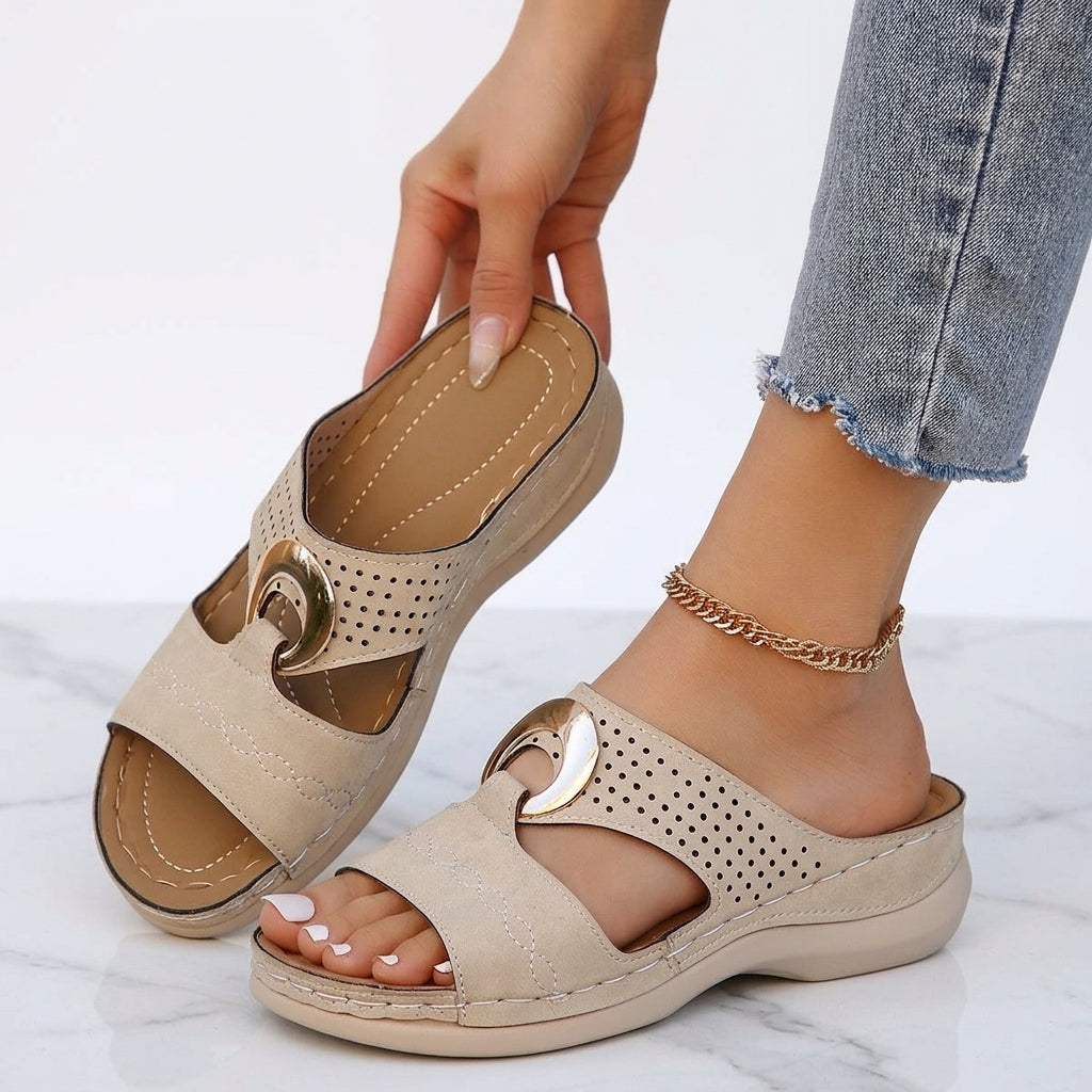 Women's Wedge Sandals – Buckle Detail, Cut-Out Slip-On Mules