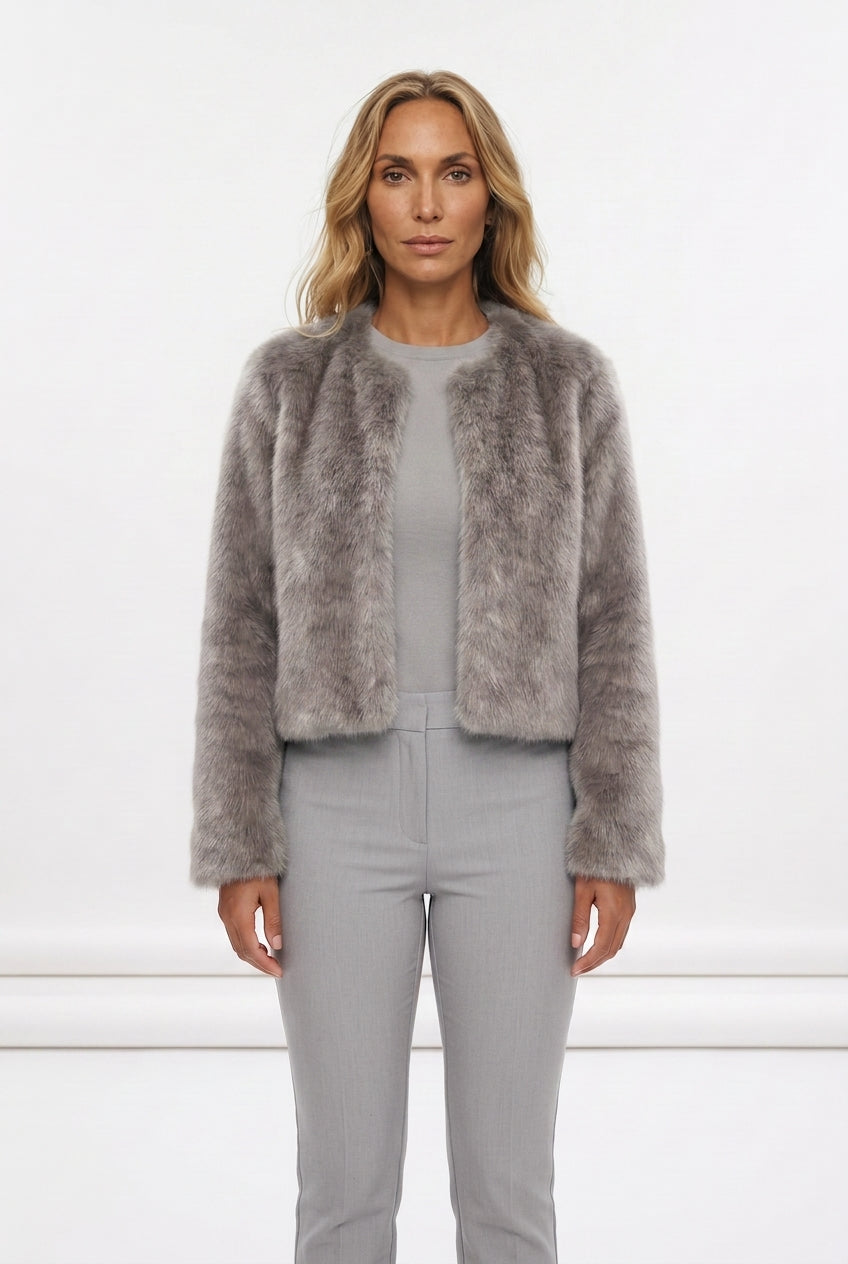 Women's Cropped Faux Fur Jacket – Collarless Evening Cover-Up
