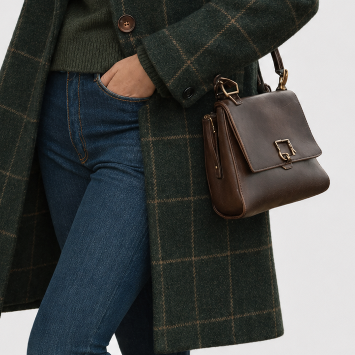Women's Green Windowpane Check Wool-Blend Overcoat – Tailored Lapel Coat