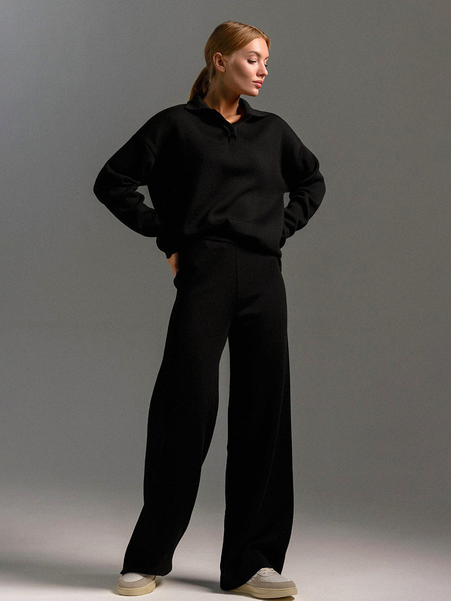 Women's Knit Polo Jumper & Wide Leg Trousers Set – Black