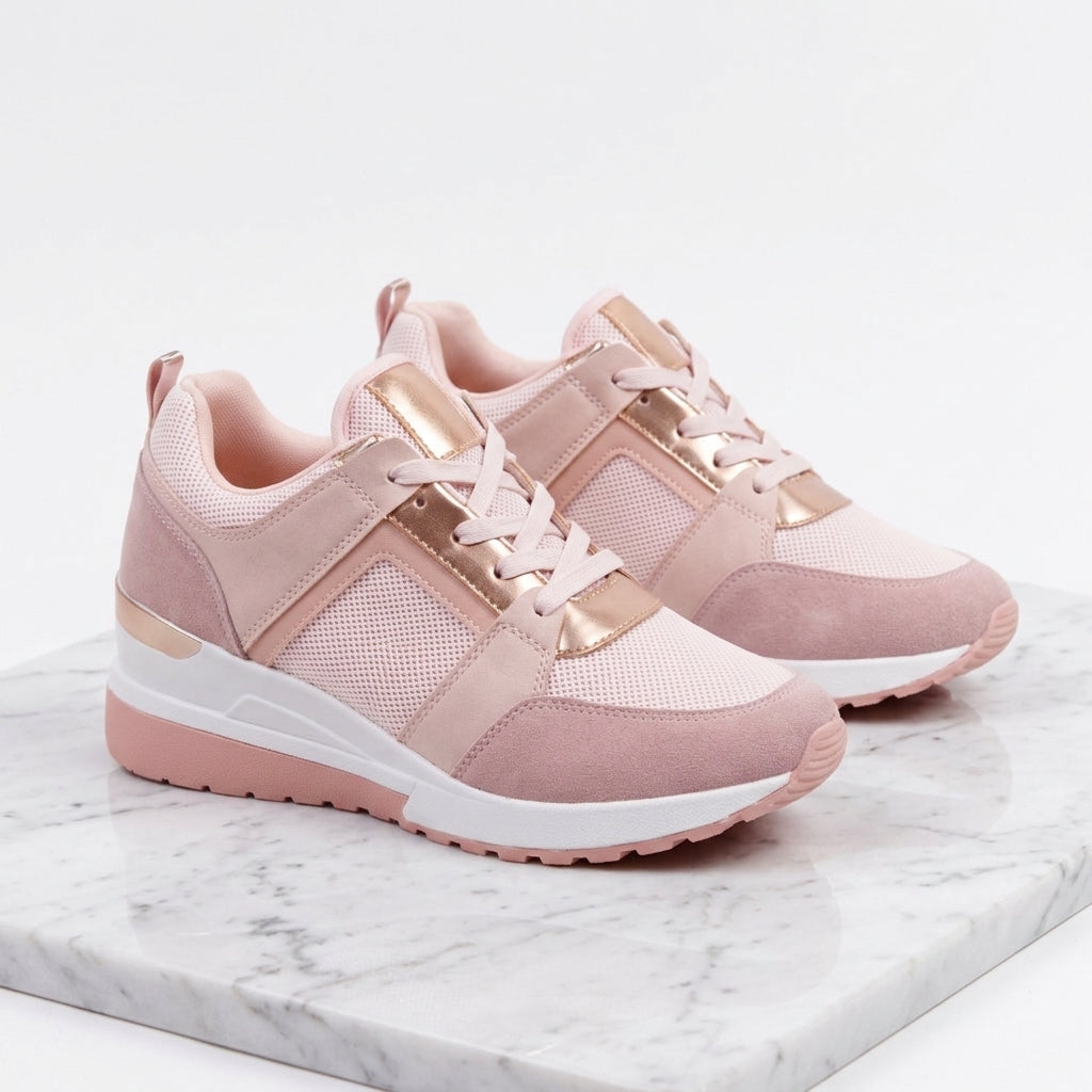Women's Wedge Sneakers – Cushioned Comfort Trainers with Gold Detail