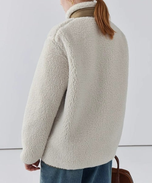Women's Teddy Fleece Jacket – High Collar Contrast Zip Pocket