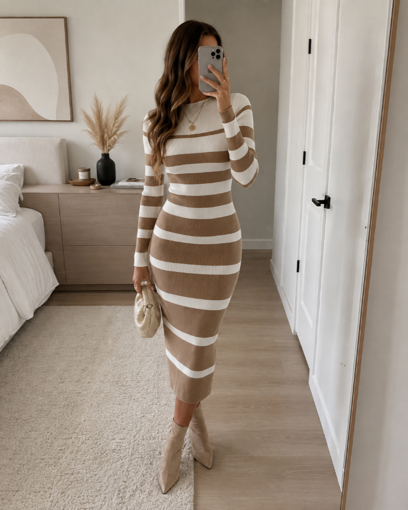 Women's Striped Knit Jumper Dress – Fitted Long Sleeve