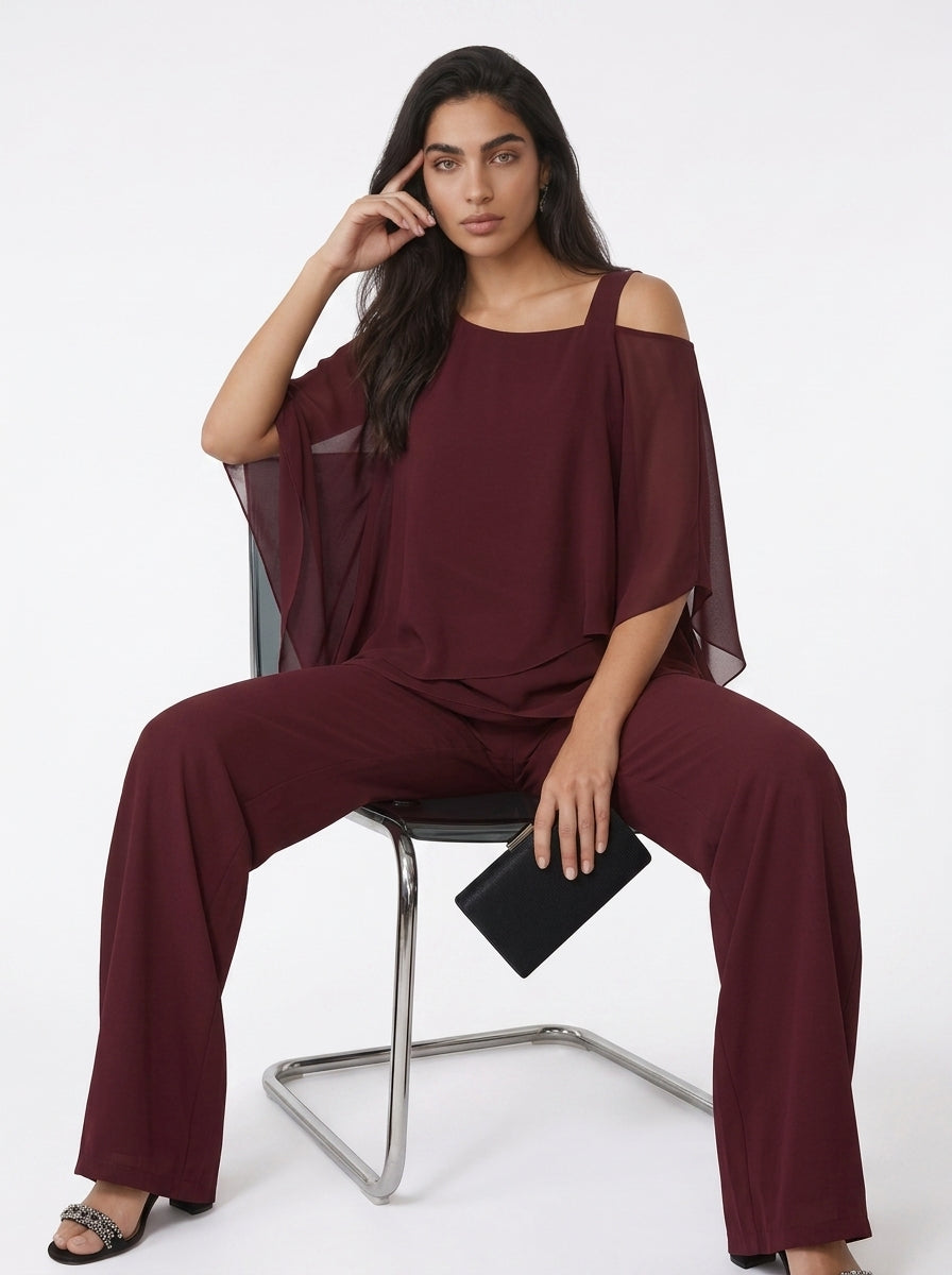 Women's Chiffon Trouser Suit – Layered Top & Wide Leg Trousers