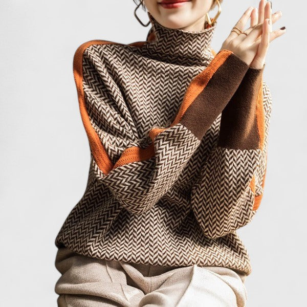 Women's Herringbone Knit Jumper – Colour-Block Roll Neck Sweater