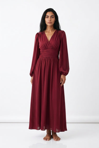 Women's Chiffon Maxi Dress – V-Neck Long Sleeve A-Line