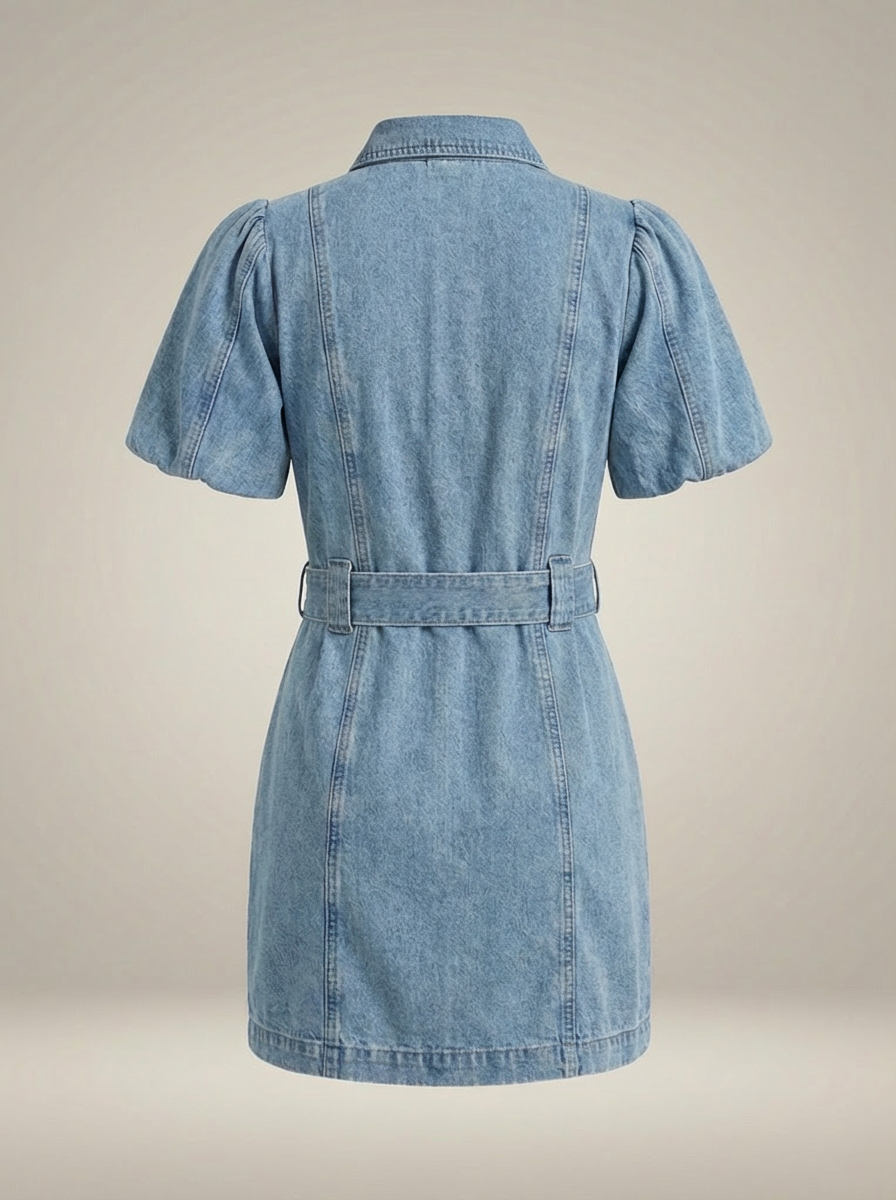 Women's Denim Mini Dress – Belted Puff Sleeve Shirt Dress