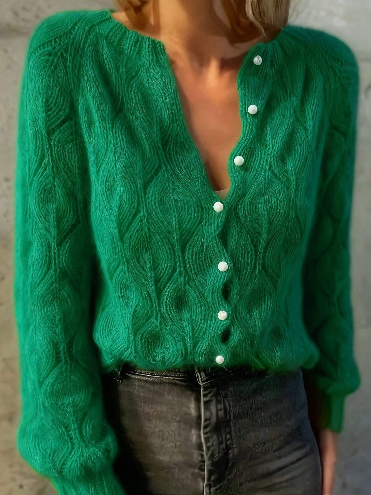 Women's Faux Mink Knit Cardigan – Pearl Button V-Front