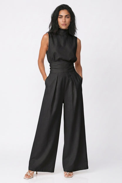 Women's Wide Leg Jumpsuit – Sleeveless High Neck Linen Jumpsuit