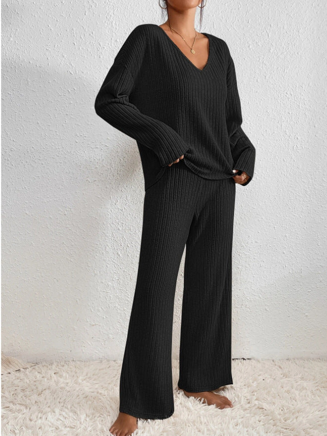 Women's Ribbed Knit Lounge Set – V-Neck Wide Leg Co-ord