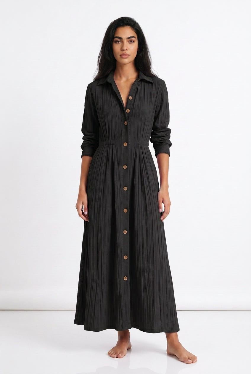 Women's Button-Front Maxi Shirt Dress – A-Line Long Sleeve