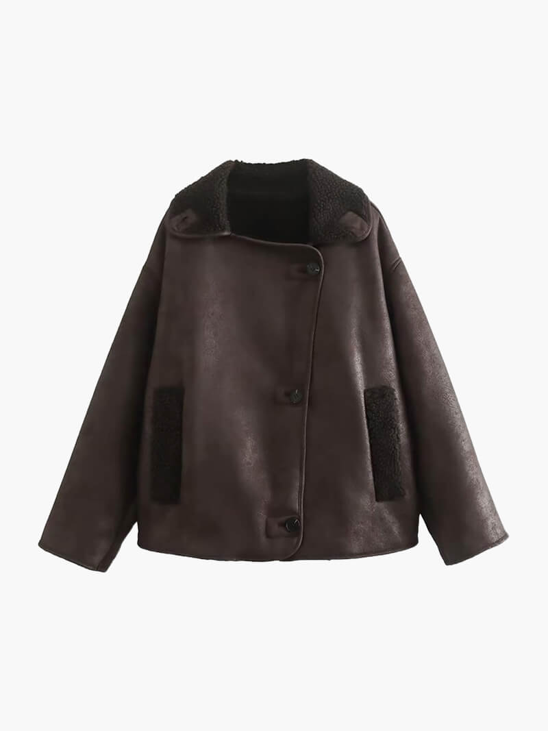 Women's Brown Faux Leather Jacket – Shearling Collar Coat