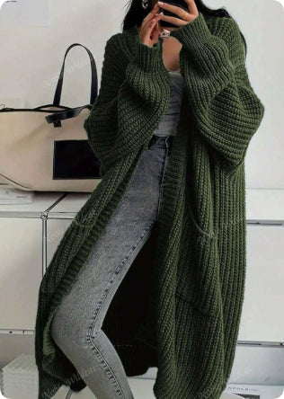 Women's Chunky Knit Longline Cardigan – Open Front with Pockets
