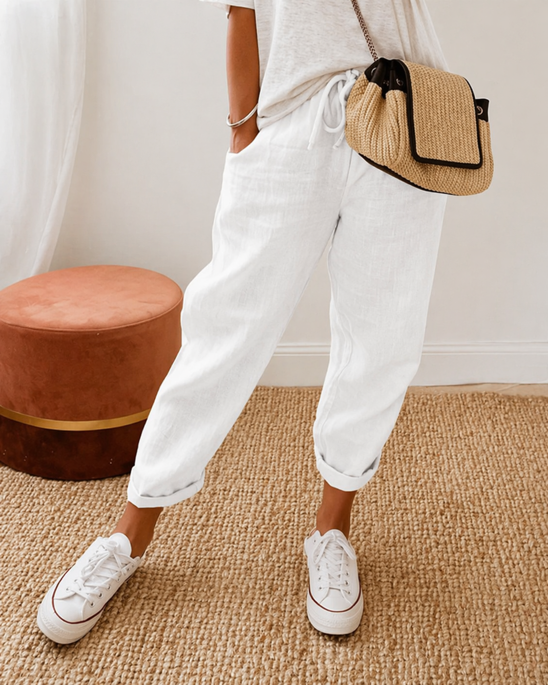 Women's Linen Jogger Trousers – Drawstring Tapered Fit