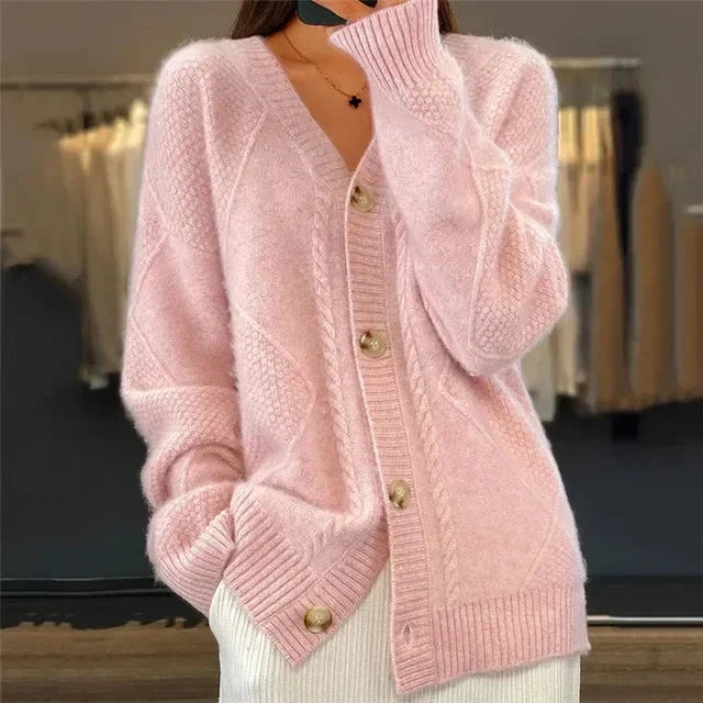 Women's Diamond Knit Cardigan – Button Front V-Neck Layer