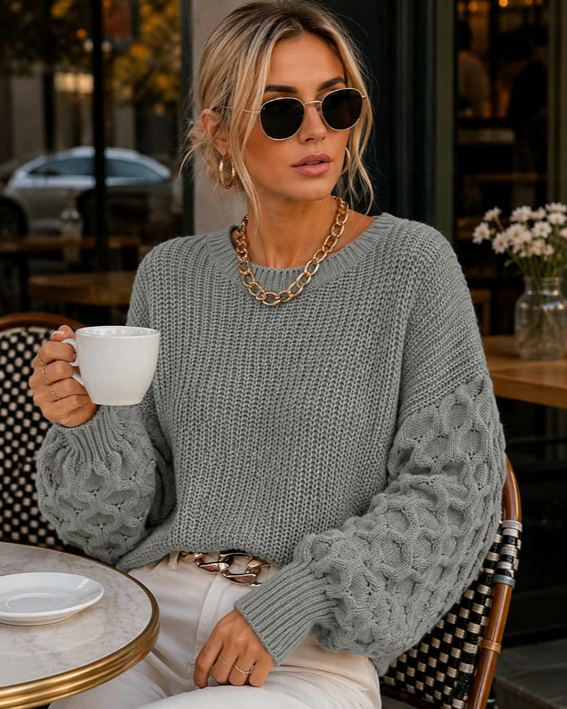 Women's Chunky Knit Jumper – Bubble Sleeve Round Neck