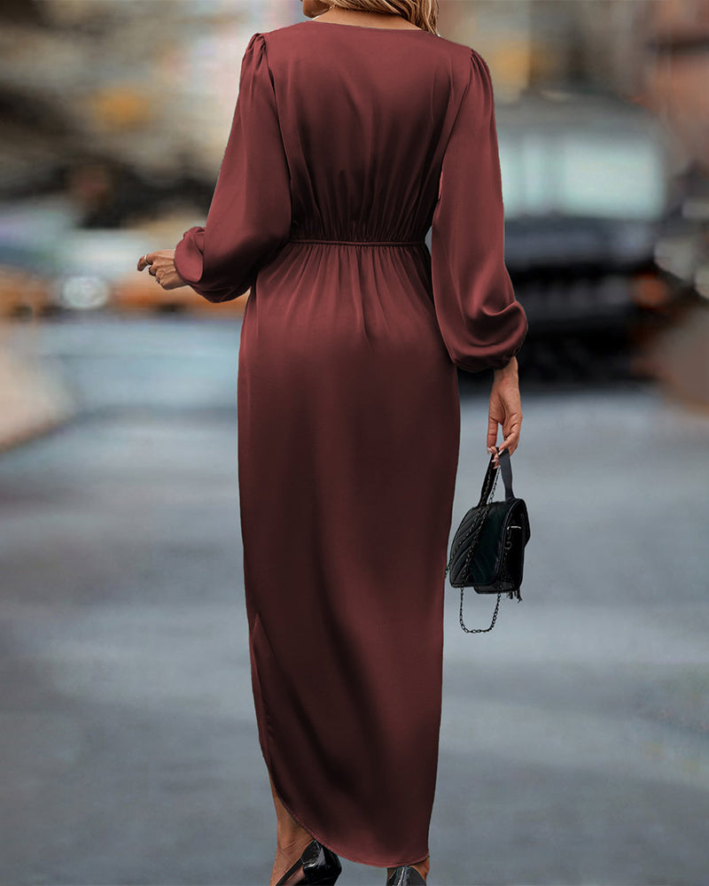 Women's Satin Wrap Midi Dress – V-Neck Twist Waist