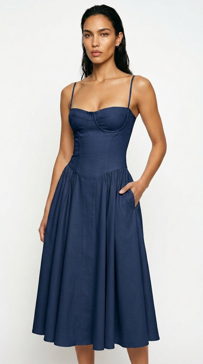 Women's Corset Midi Dress – Square Neck A-Line Dress with Pockets