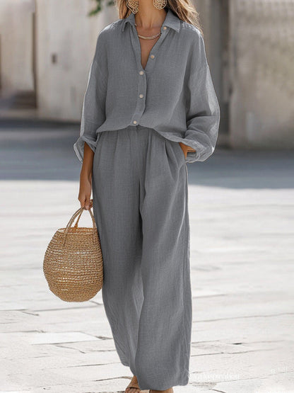 Women's Linen Co-ord Set – Oversized long  Shirt & Wide Leg Trousers
