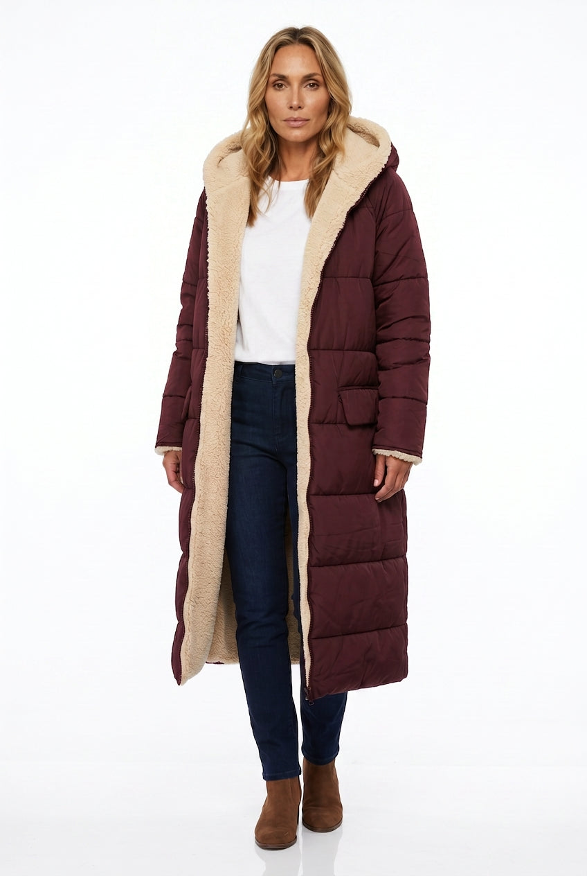Women's Longline Sherpa-Lined Puffer Coat with Hood