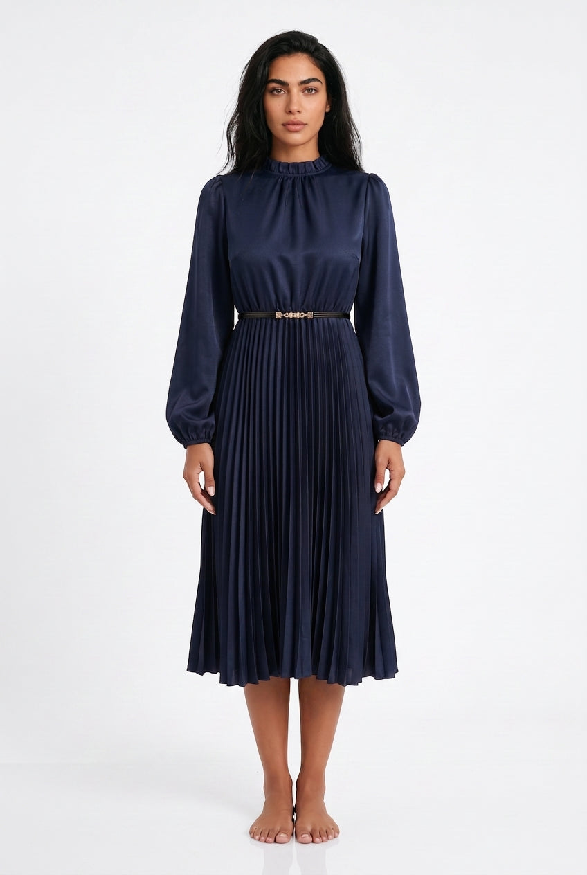 Women's Pleated Midi Dress – High Neck Long Sleeve