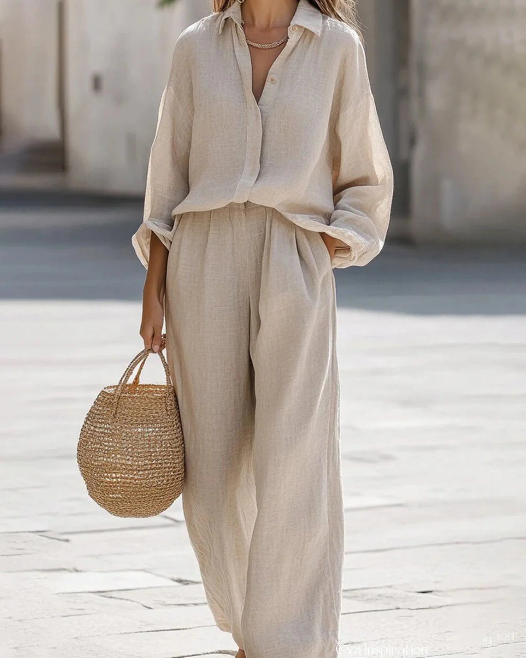 Women's Linen Co-ord Set – Long sleeve Shirt & Wide Leg Trousers