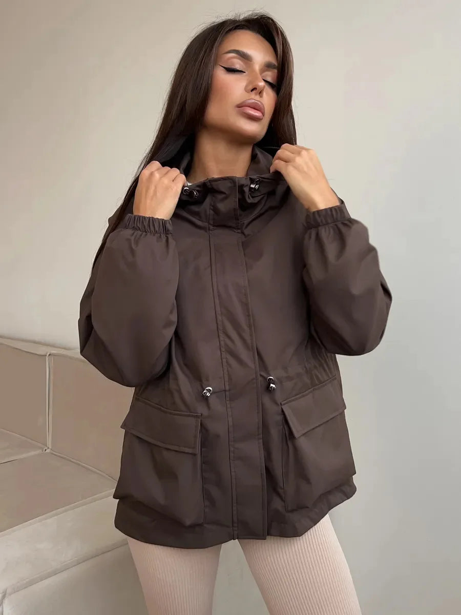 Women's Hooded Windbreaker Jacket – Cinched Waist Utility Jacket