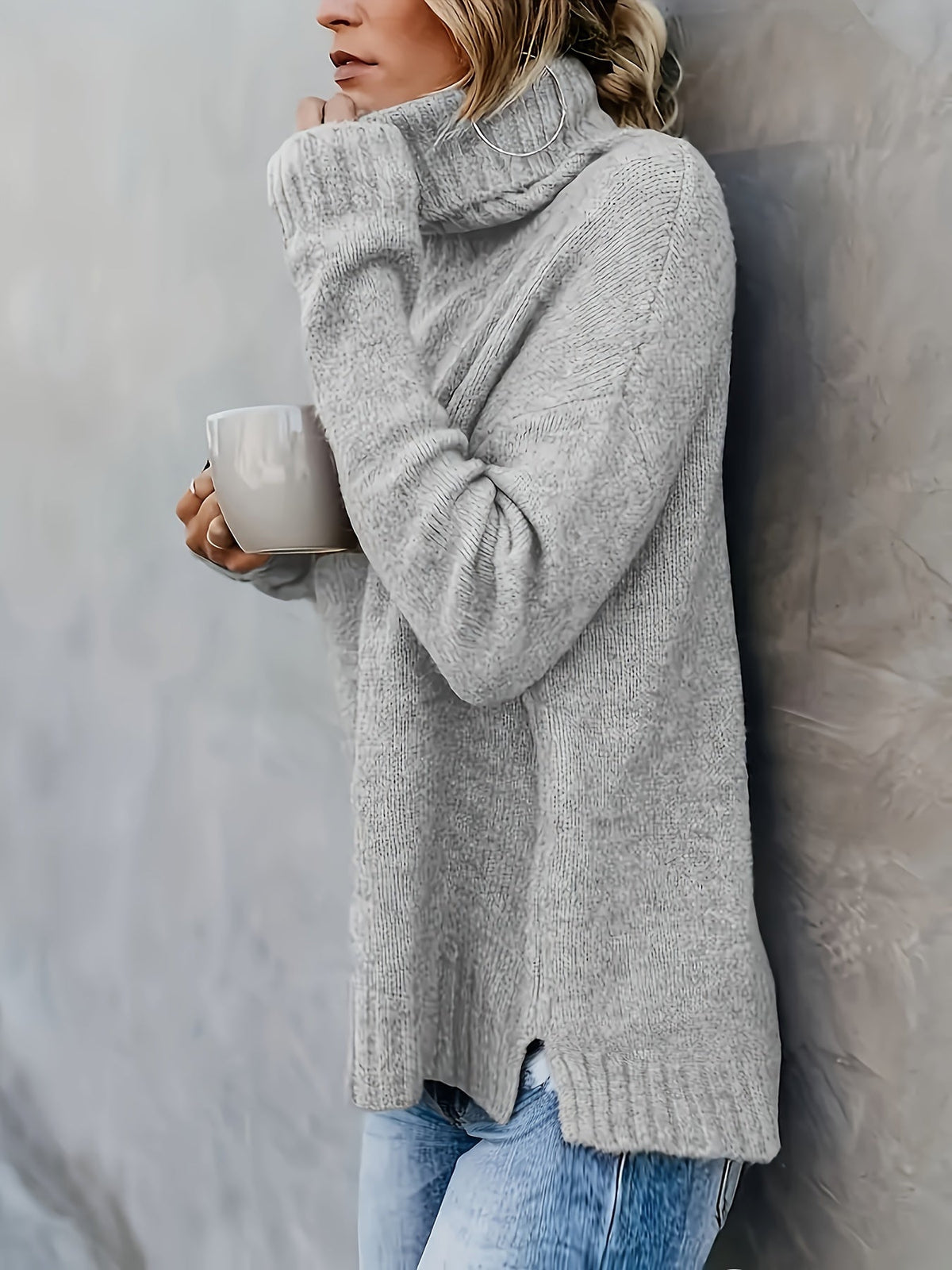 Women's Cowl Turtleneck Jumper – Split Hem Knit Sweater