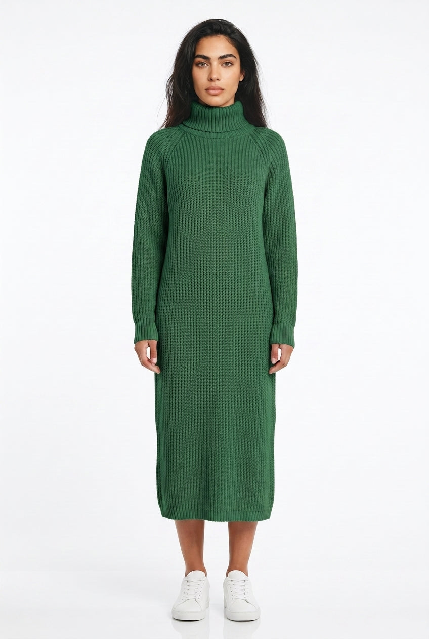 Women's Roll Neck Jumper Dress – Long Sleeve Knitted Midi