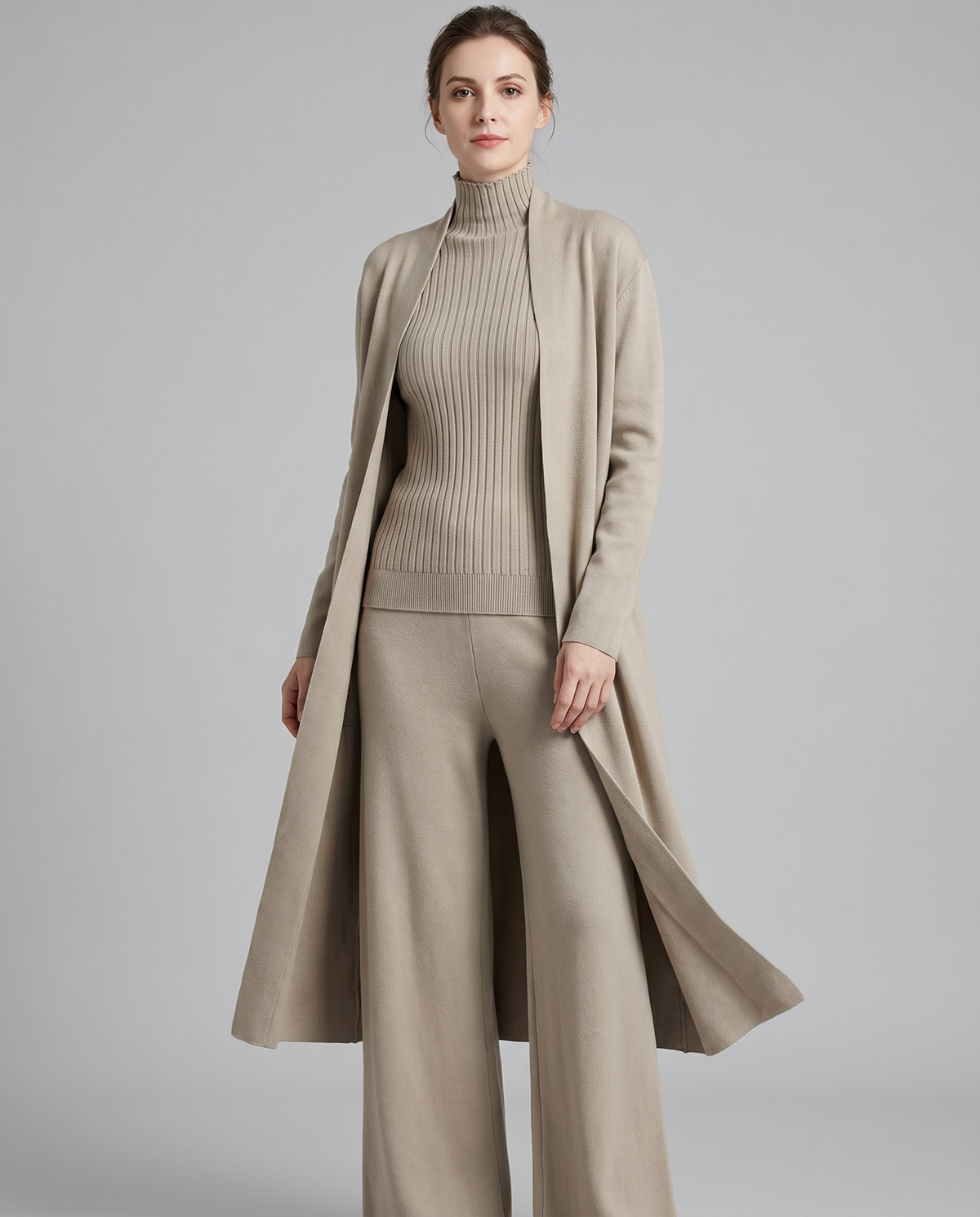 Women's Knit Co-ord Set – Longline Cardigan, Jumper & Wide Leg Trousers