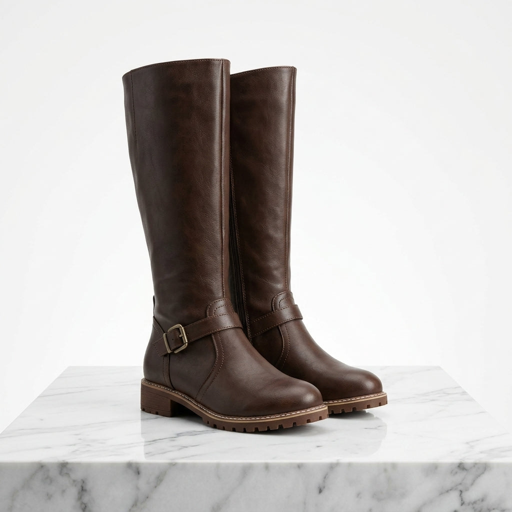 Women's Faux Leather Knee-High Boots – Buckle Detail Block Heel