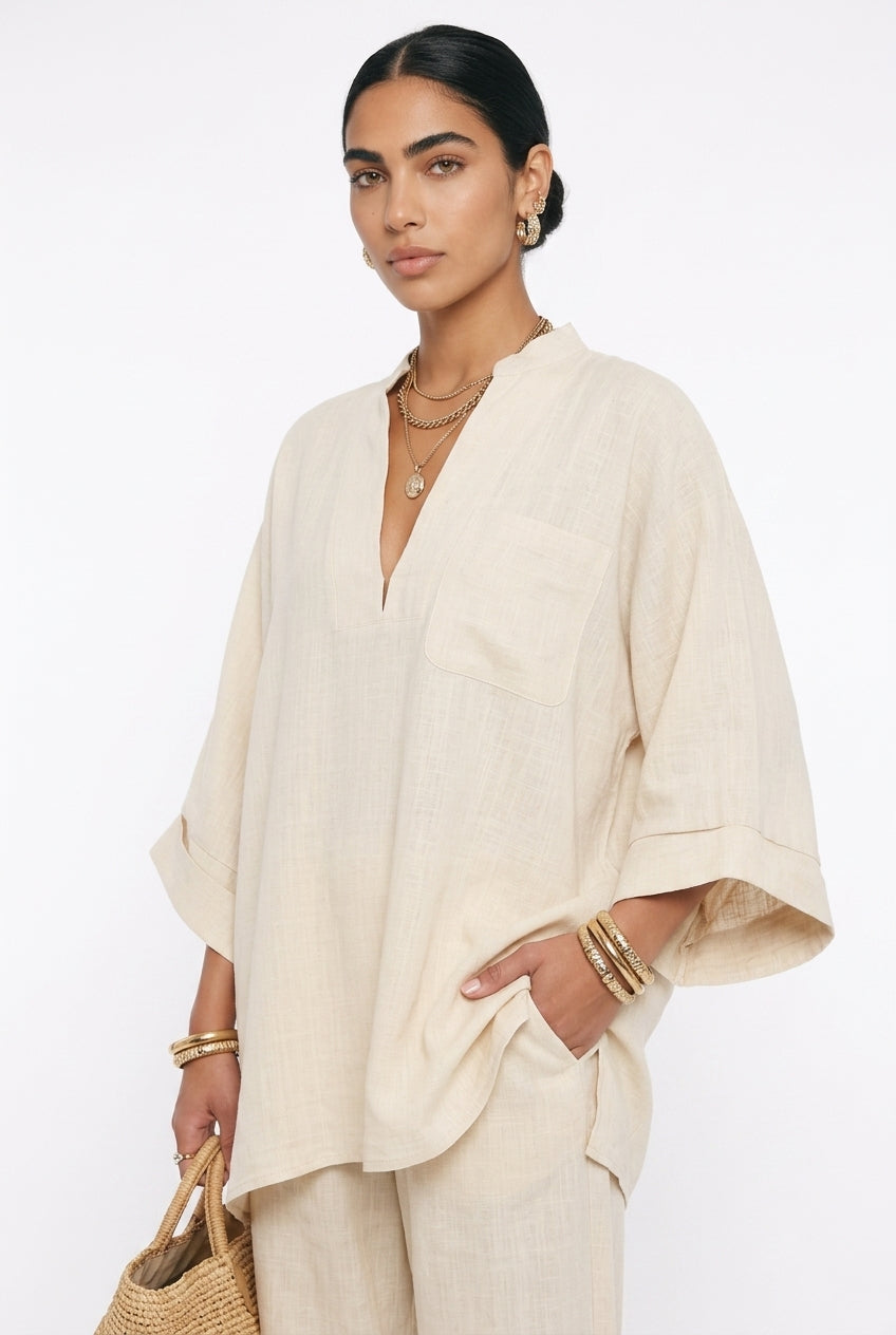 Women's Linen Co-ord Set – Oversized V-Neck Top & Tapered Trousers