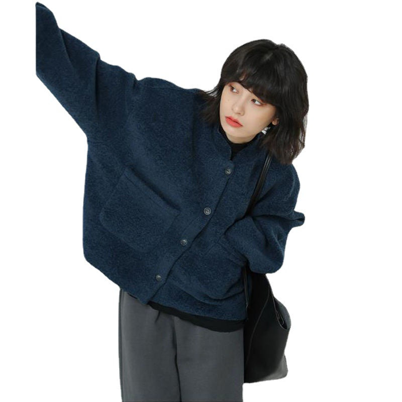 Women's Navy Boucle Jacket – Collarless Crop