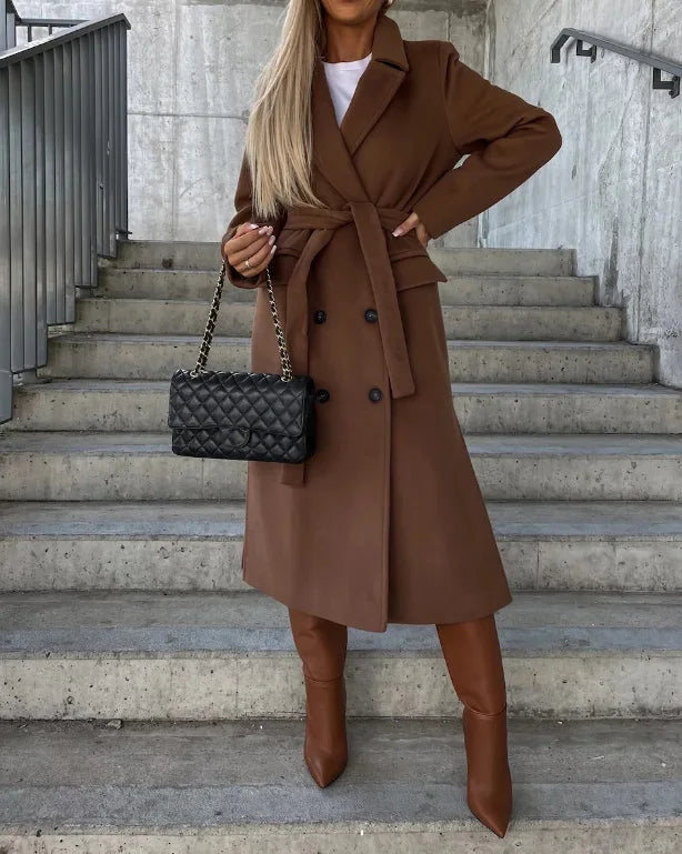 Women's Belted Wool-Blend Long Coat – Brown