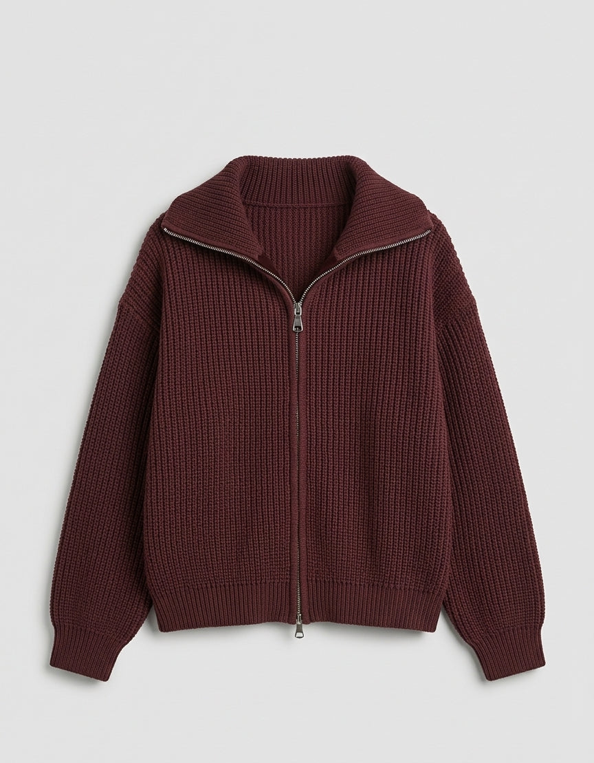 Women's Burgundy Chunky Zip-Up Cardigan – Cropped Knit