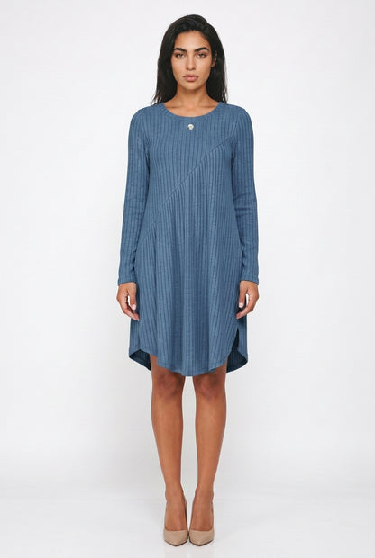 Women's Ribbed Jumper Dress - Long Sleeve, Swing Hem, Knitted