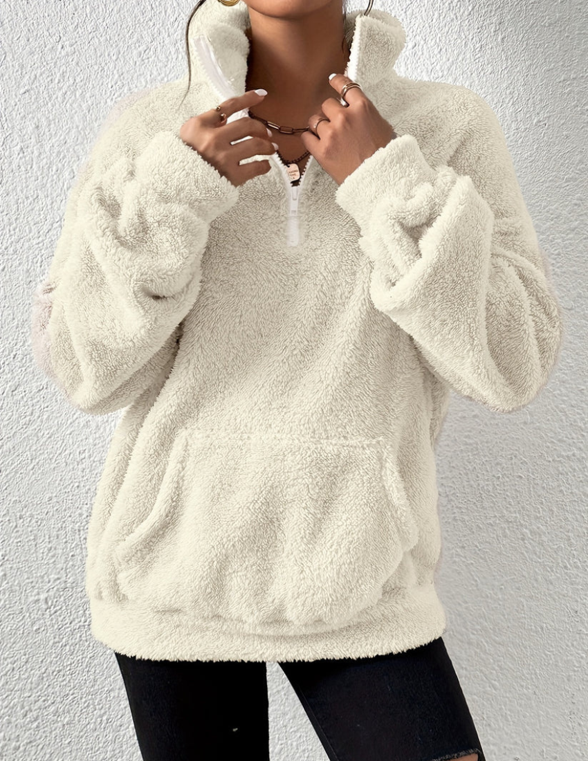 Women's Cream Teddy Fleece Half-Zip – High Neck Pullover