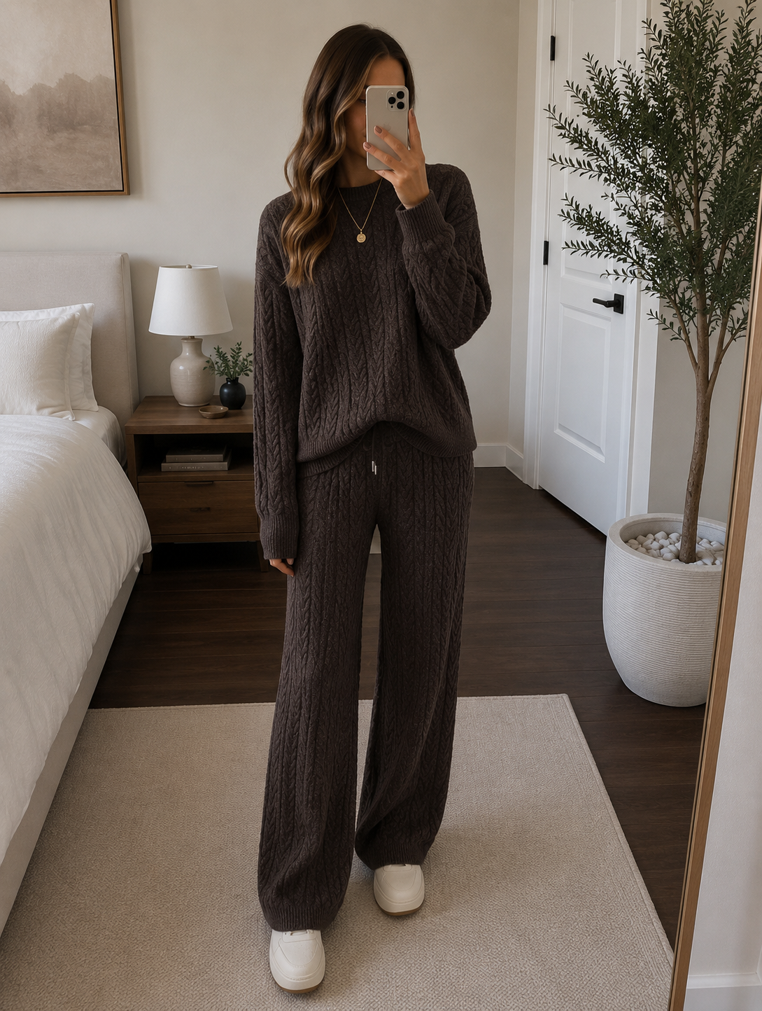 Women's Cable Knit Jumper & Wide Leg Trousers Co-ord Set