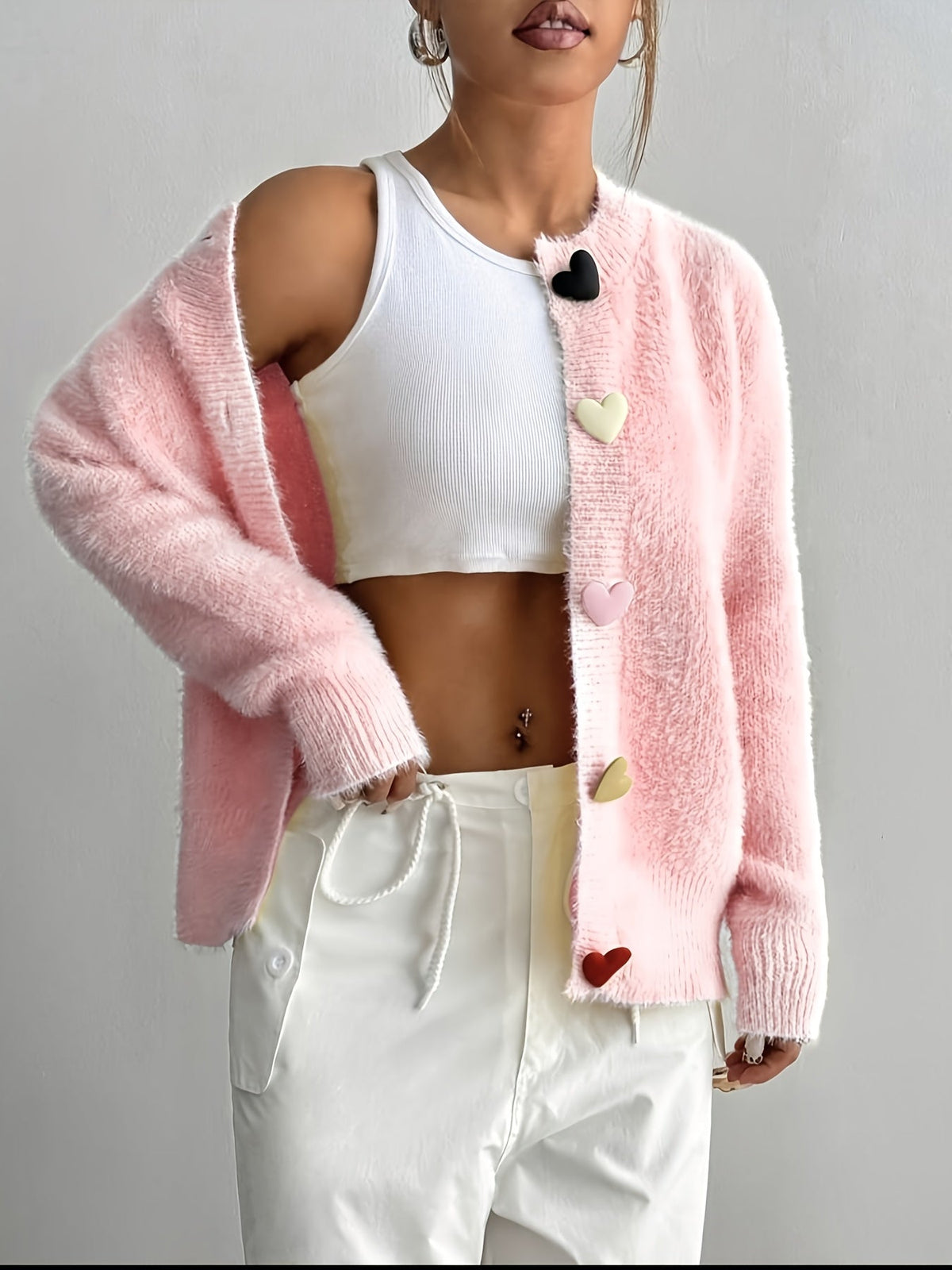 Women's Fluffy Cropped Cardigan with Heart Buttons