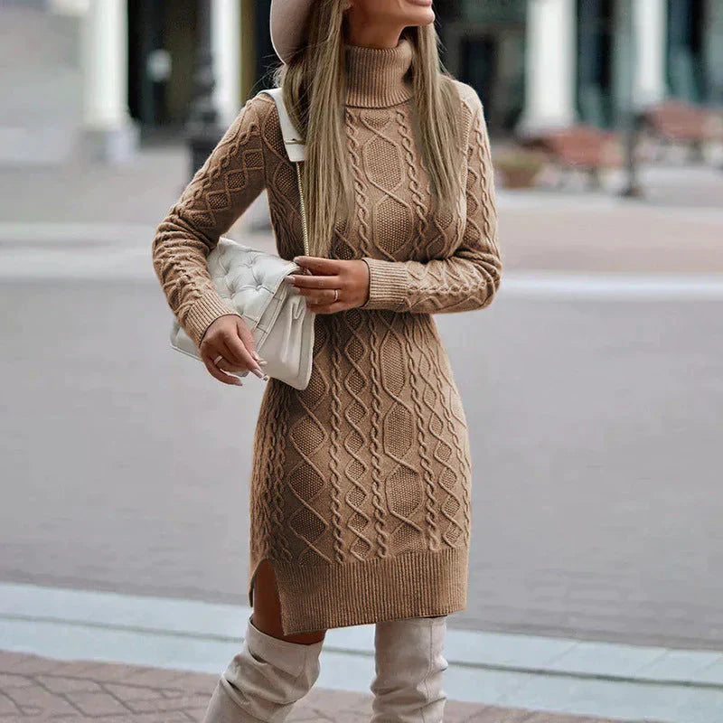 Women's Cable Knit Roll Neck Jumper Dress
