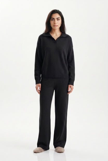 Women's Knitted Co-ord Set – Polo Collar & Wide Leg Trousers