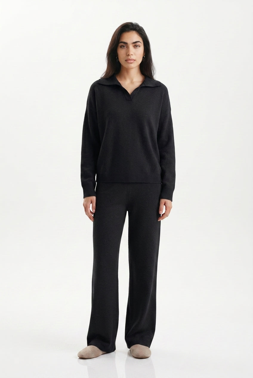 Women's Knitted Co-ord Set – Polo Collar & Wide Leg Trousers