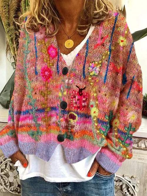 Women's Floral Print Knit Cardigan - V-Neck