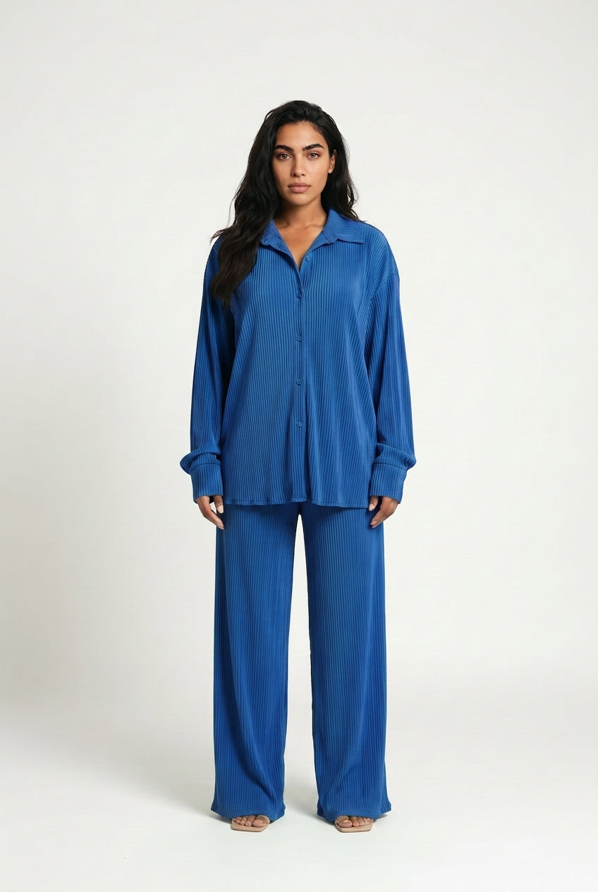 Women's Plisse Co-ord Set – Oversized Shirt & Wide Leg Trousers