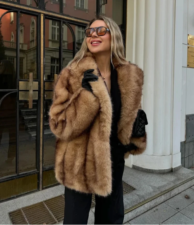 Women's Camel Faux Fur Oversized Coat with Turn-Down Collar