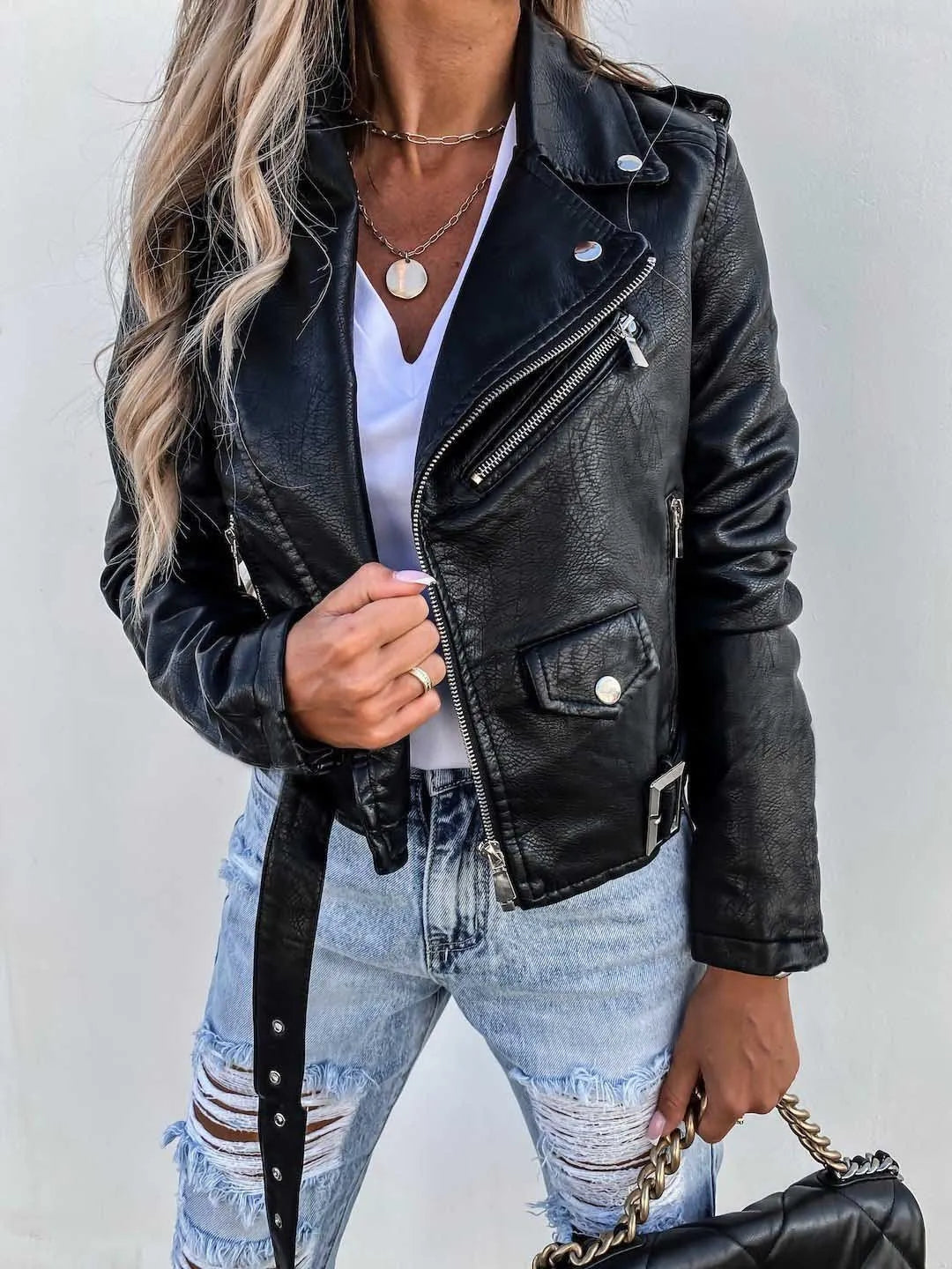 Women's Faux Leather Biker Jacket – Zip Front Moto Jacket