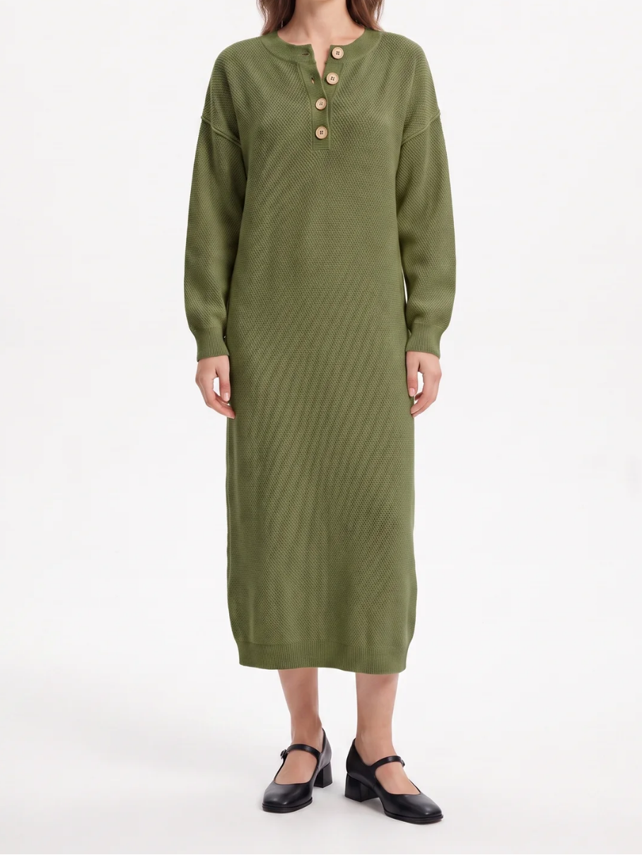 Women's Knit Button-Neck Jumper Dress – Long Sleeve