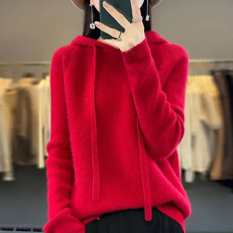 Women's Knit Hooded Jumper – Drawstring Honeycomb Pullover