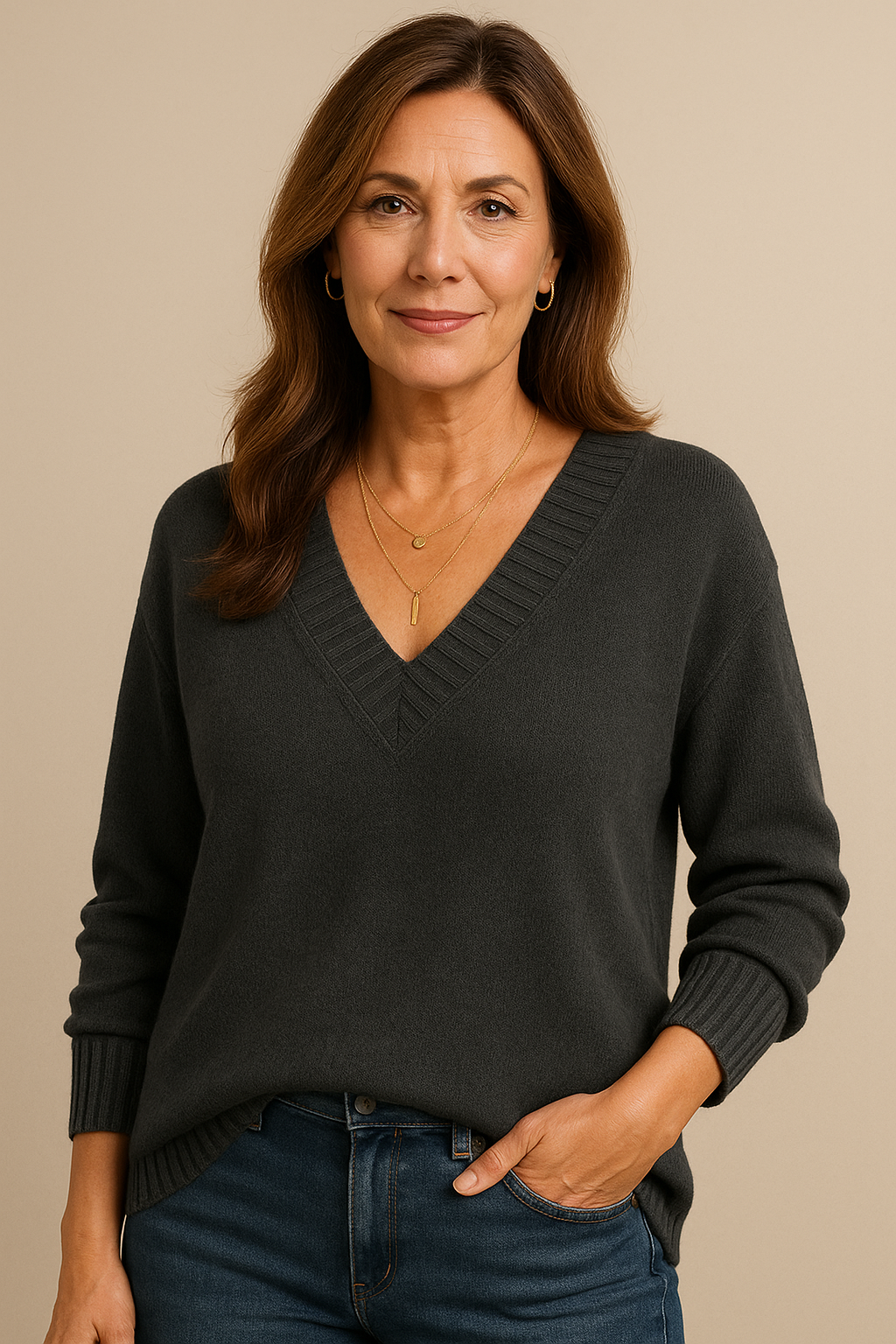 Women's Deep V-Neck Ribbed Collar Jumper – Relaxed Knit
